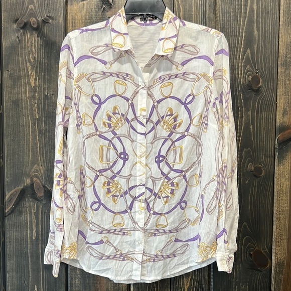 J. McLaughlin Button Front Top Size 8 Chains Straps Graphic Office 100% Cotton - Picture 1 of 8